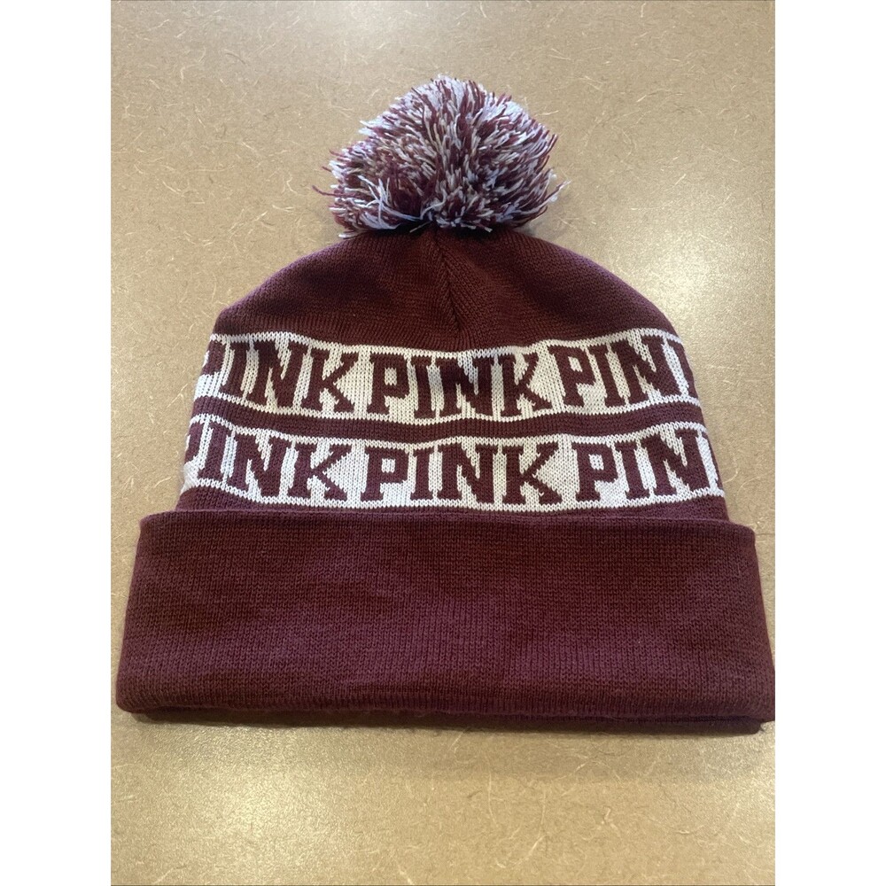 Victoria's Secret Pink Beanie Hat Knit Winter Spring PomPom Victoria Maroon